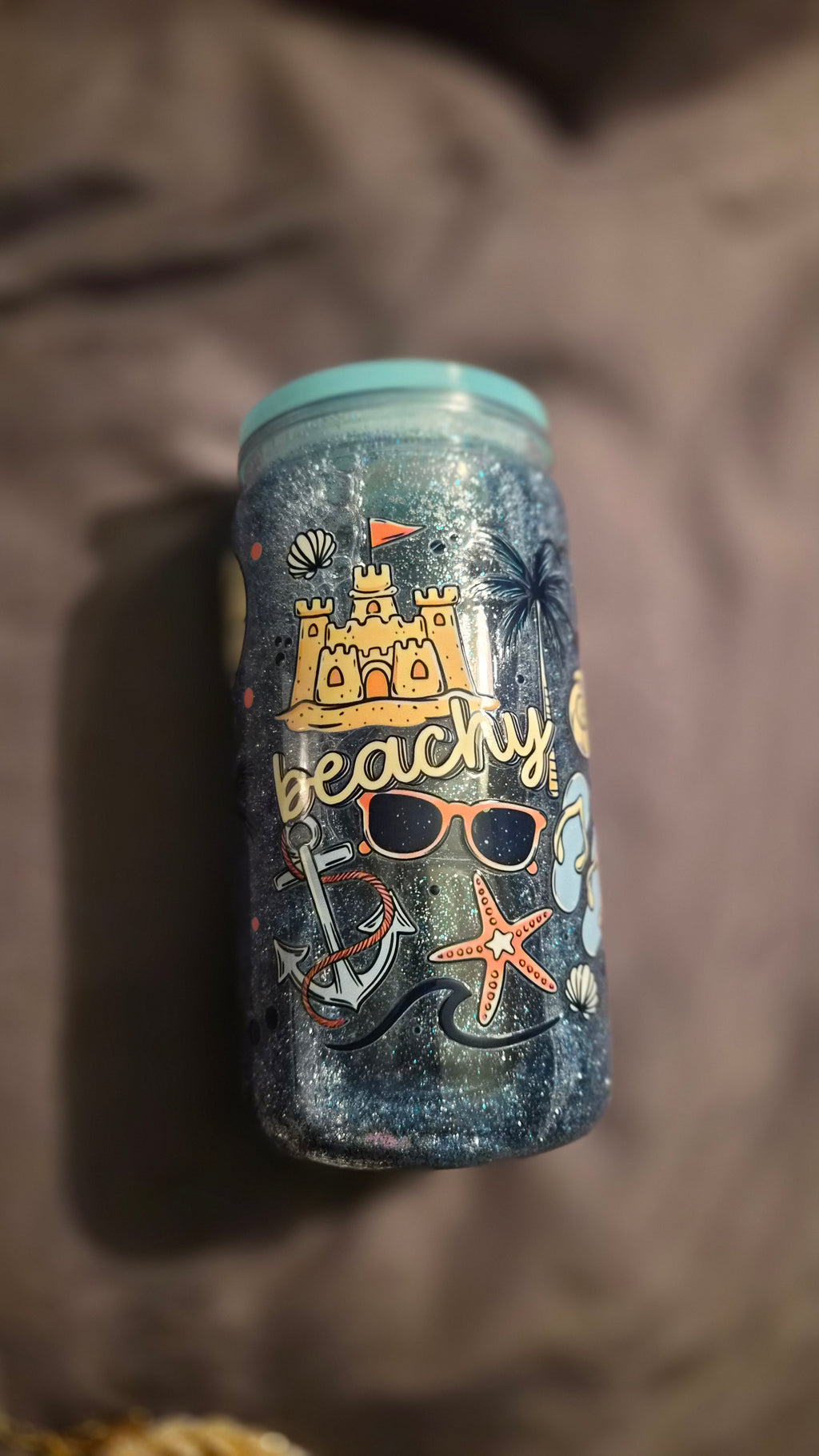 Handmade Beach Glitter Tumbler – 16oz with Lid & Straw