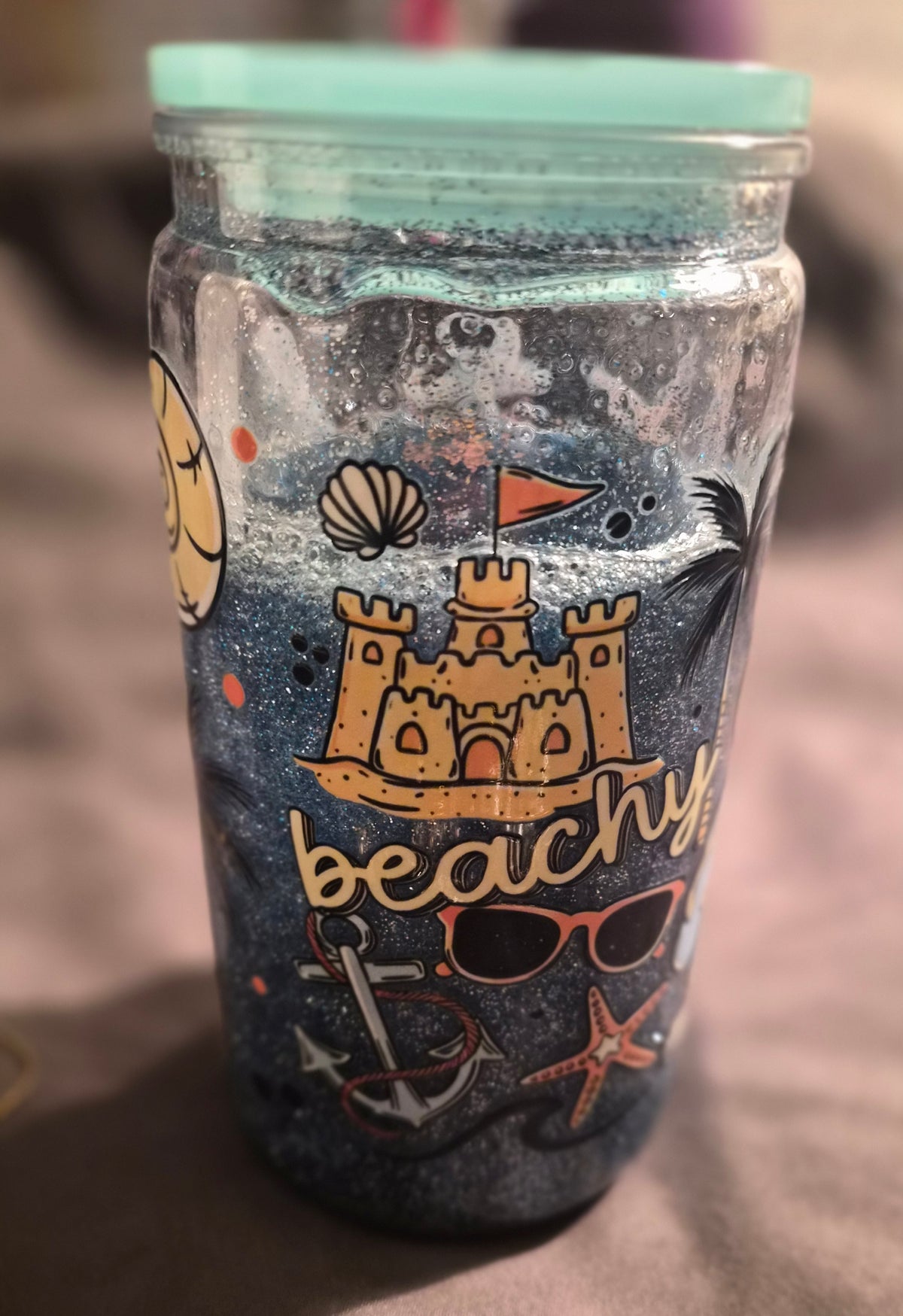 Handmade Beach Glitter Tumbler – 16oz with Lid & Straw