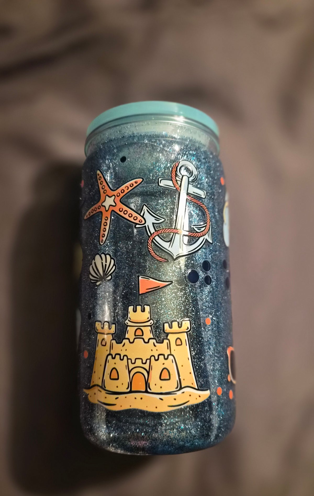 Handmade Beach Glitter Tumbler – 16oz with Lid & Straw