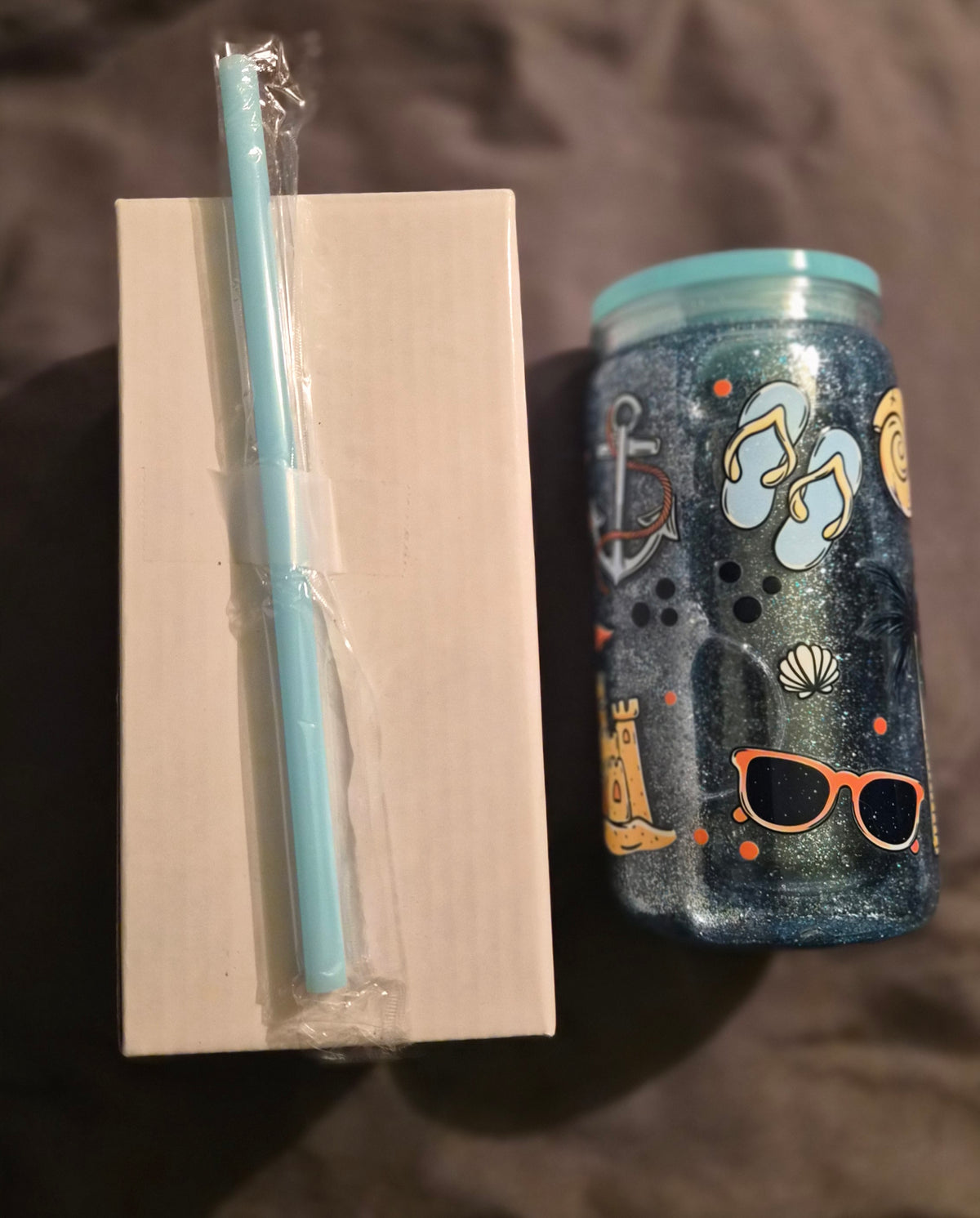 Handmade Beach Glitter Tumbler – 16oz with Lid & Straw