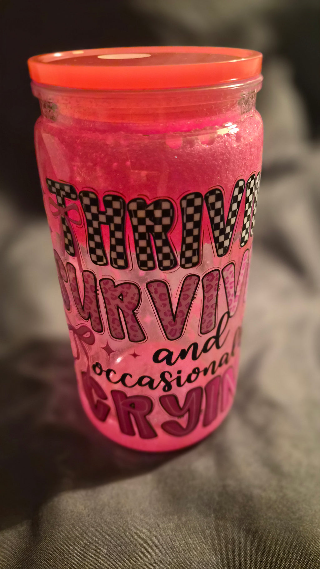 Surviving, Thriving & Occasionally Crying Pink Glitter Tumbler