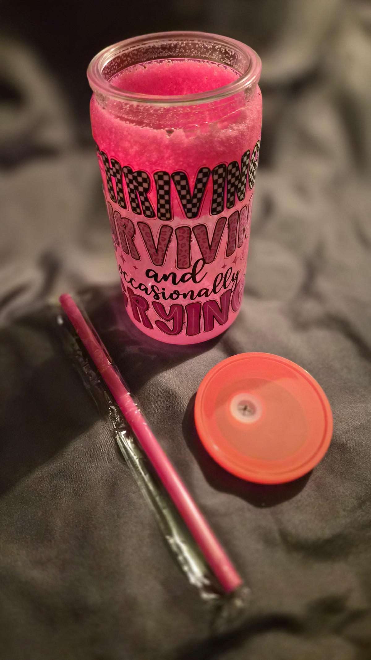 Surviving, Thriving & Occasionally Crying Pink Glitter Tumbler