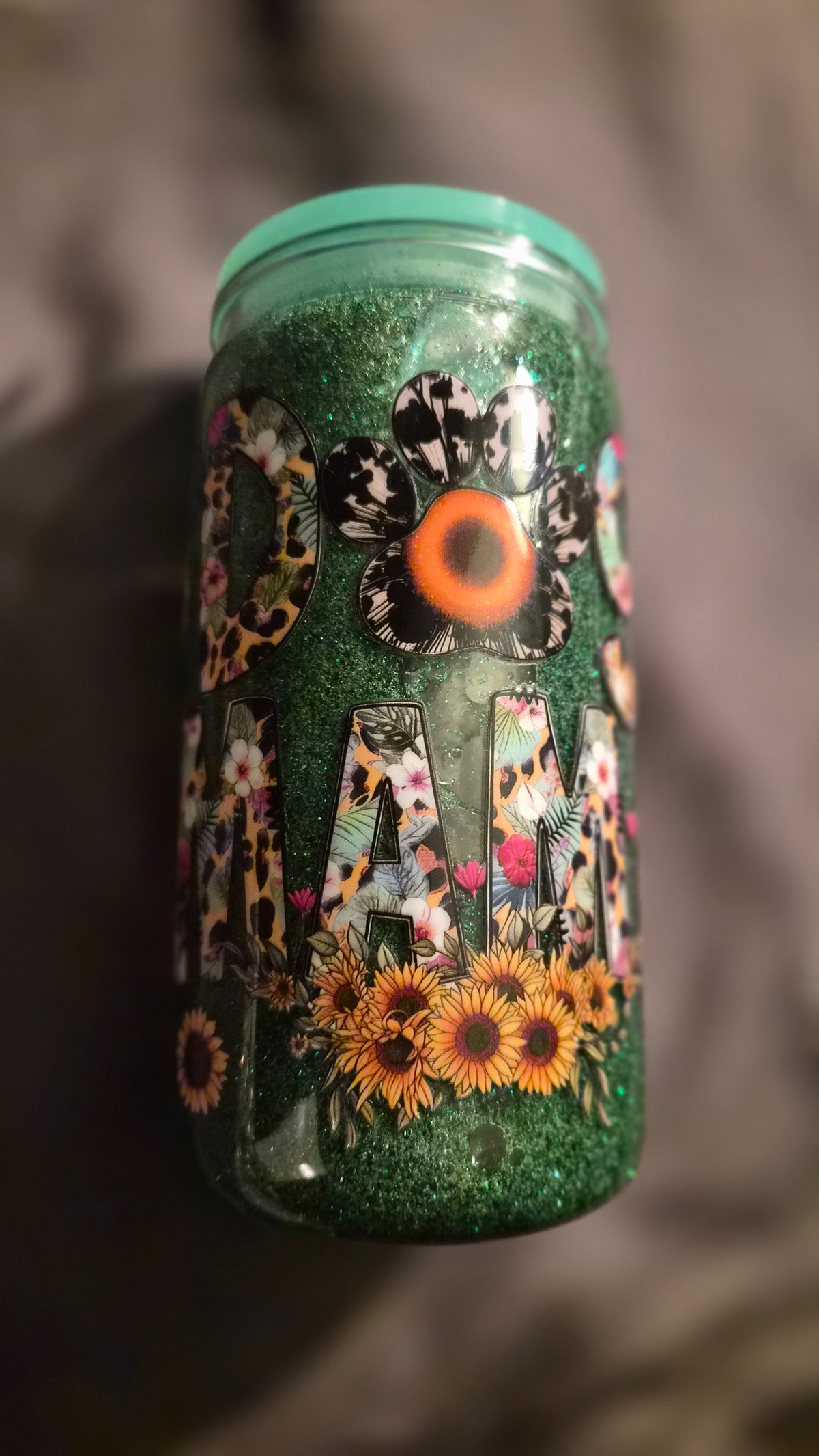 Handmade Dog Mama Green Glitter Tumbler