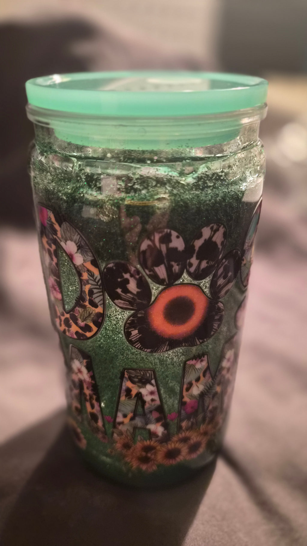 Handmade Dog Mama Green Glitter Tumbler