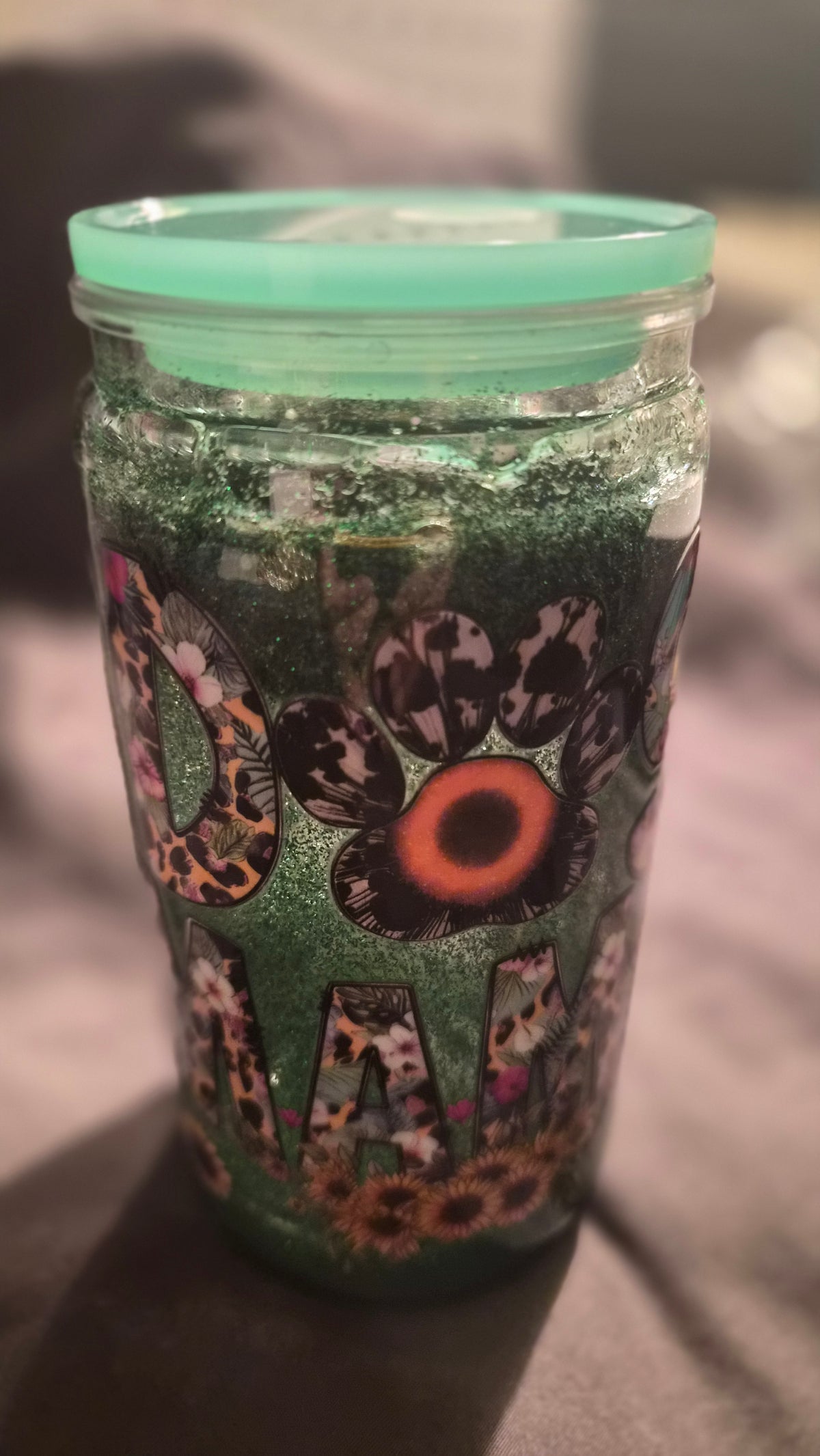 Handmade Dog Mama Green Glitter Tumbler