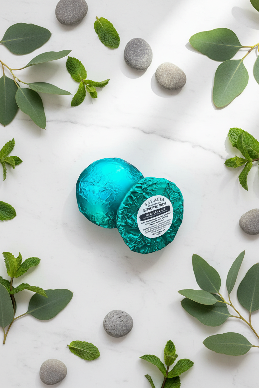 Eucalyptus and spearmint aromatherapy shower steamers styled in a spa flat lay with eucalyptus sprigs, spearmint leaves, and smooth stones on white marble