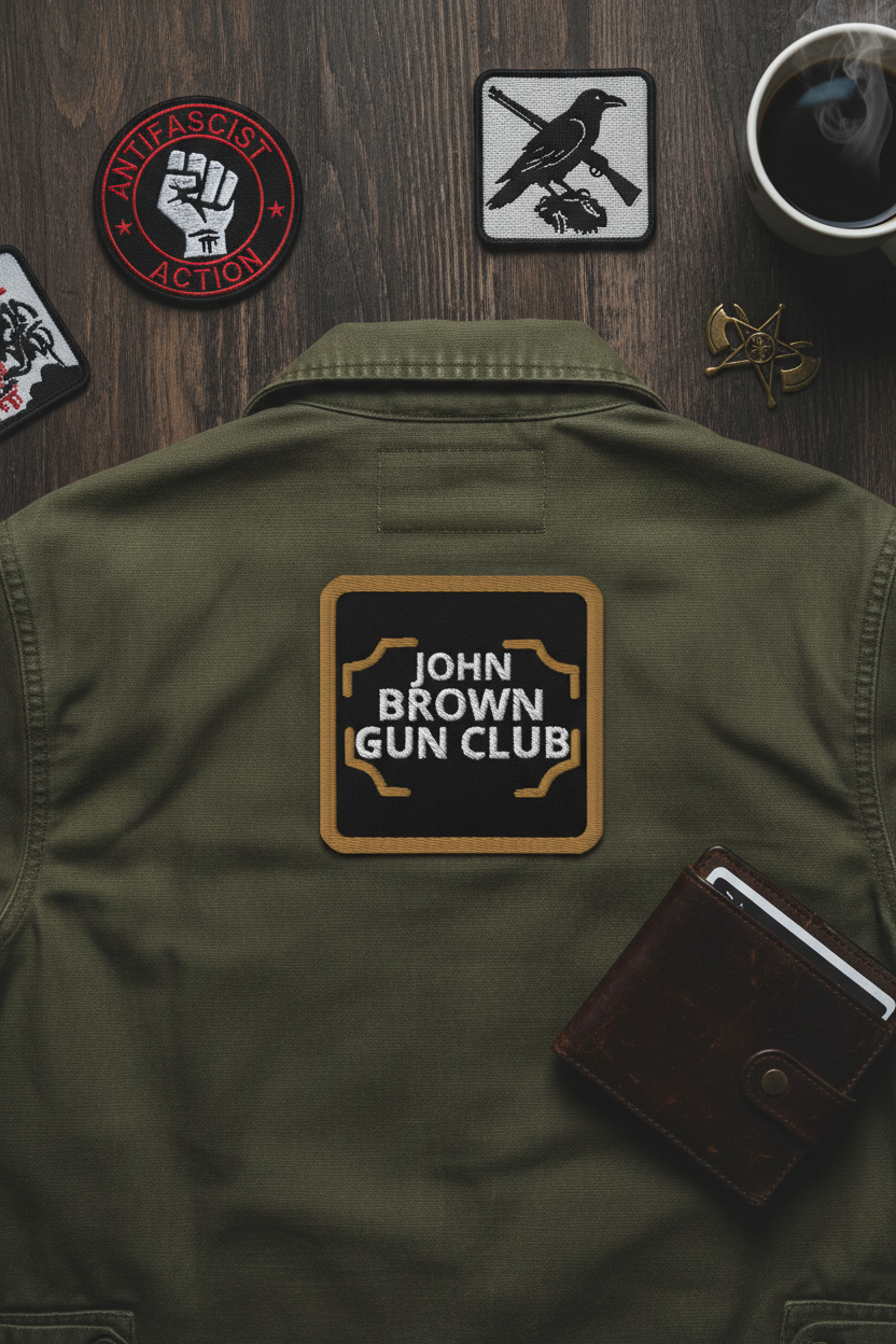Black and gold John Brown Gun Club embroidered patch on an olive canvas jacket alongside other patches, a vintage pin, and leather wallet