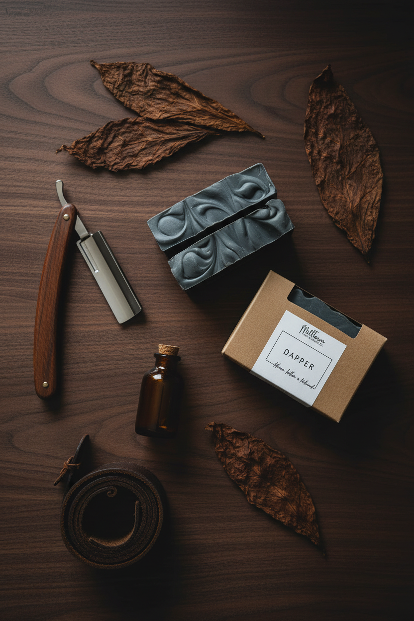 Dapper Soap bar with kraft box on dark walnut wood surrounded by straight razor, leather strap, amber glass bottle, and dried tobacco leaves