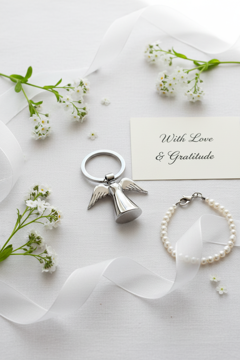 Nickel-plated angel keychain with engraved disc surrounded by white flowers, pearl bracelet, handwritten gift card, and sheer ribbon on a soft white surface