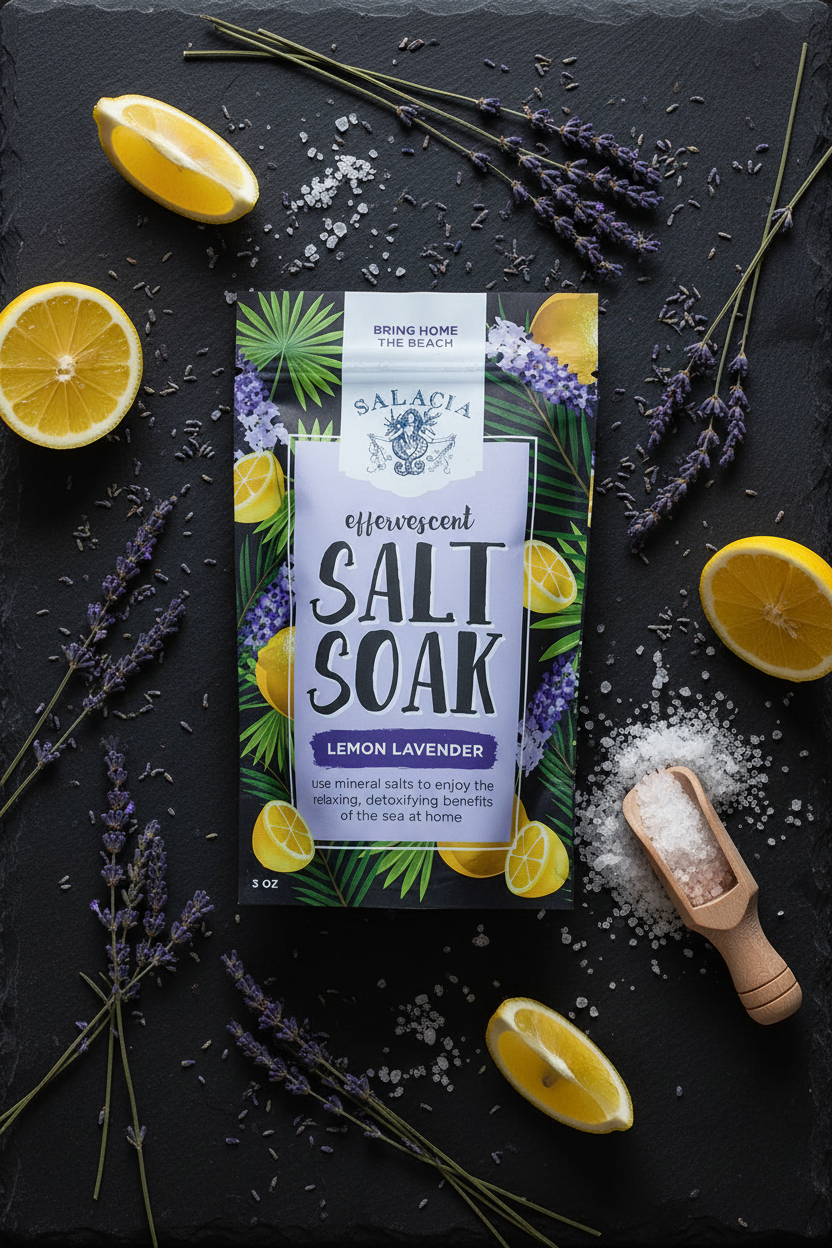 Lemon Lavender Salt Soak pouch on dark slate surrounded by fresh lemon slices, dried lavender sprigs, sea salt crystals, and a wooden scoop