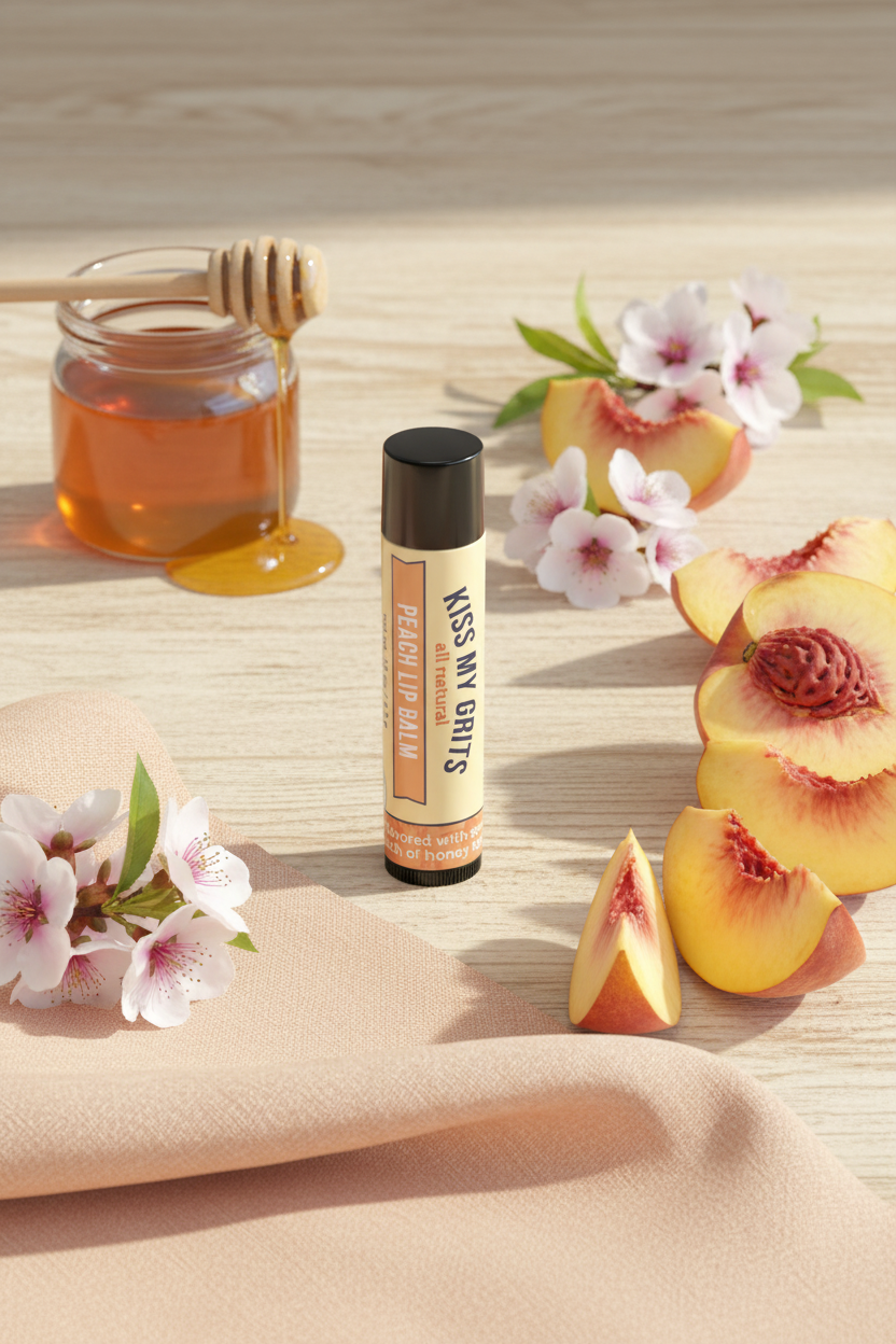 Georgia Peach lip balm on light wood surrounded by fresh peach slices, peach blossoms, a honey jar with wooden dipper, and a peach linen napkin