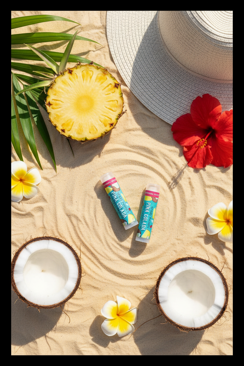 Piña Colada lip balm tubes on sand surrounded by pineapple slice, coconut halves, tropical flowers, and a straw hat