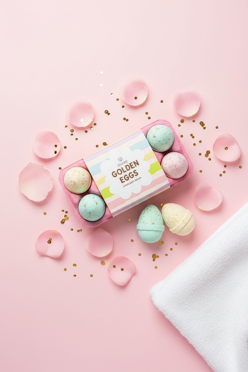Pink golden egg bath bombs in a pastel egg carton surrounded by rose petals, gold confetti, and a fluffy white towel on a soft pink background