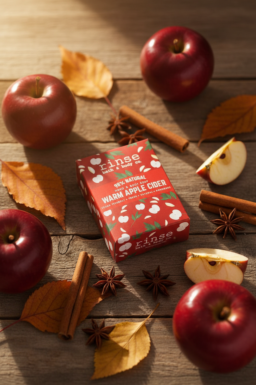 Warm Apple Cider soap box on rustic wood surrounded by fresh apples, cinnamon sticks, dried apple slices, star anise, and autumn leaves