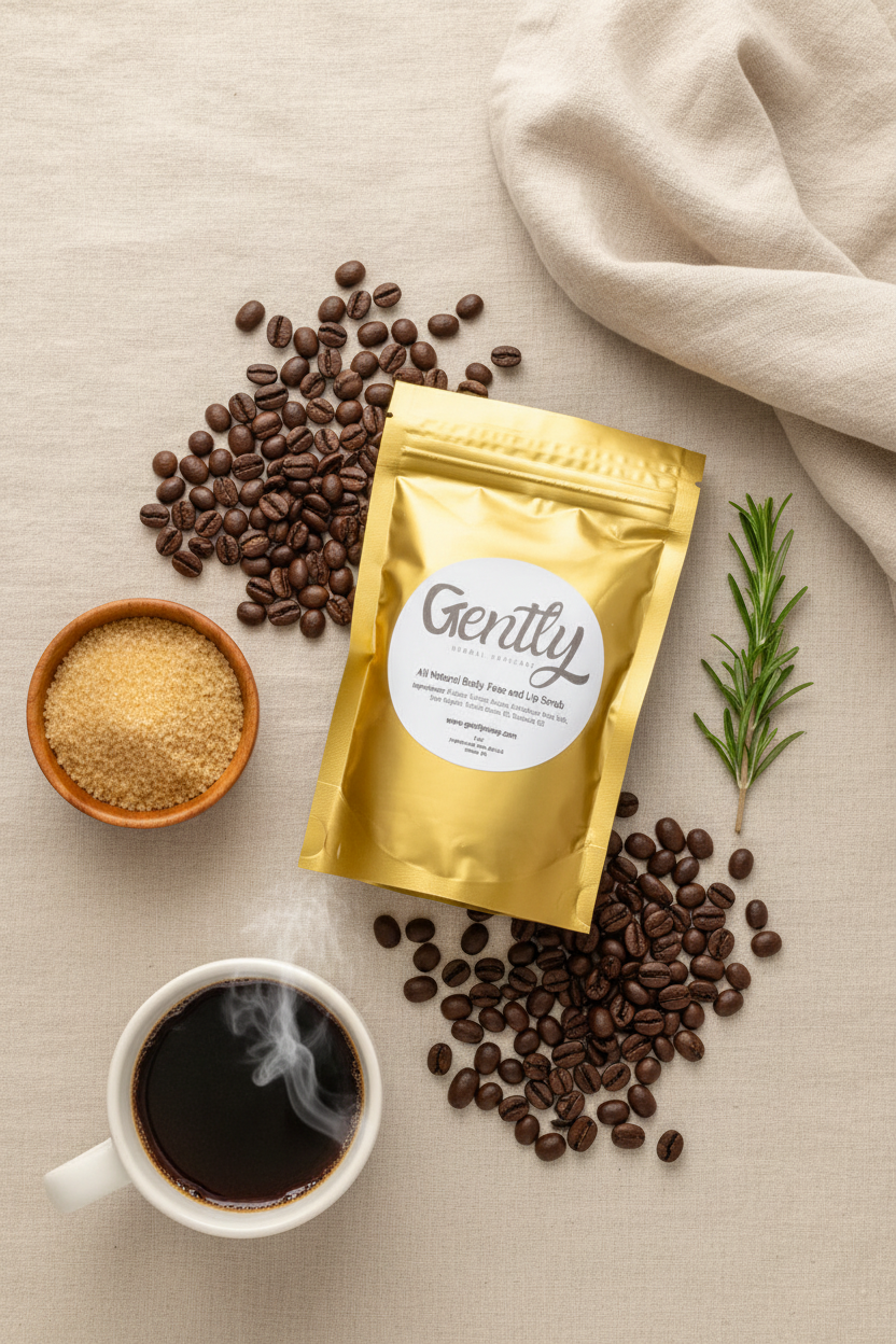 Gold foil coffee body scrub pouch surrounded by roasted coffee beans, brown sugar, rosemary, a ceramic coffee mug, and linen towel on a warm cream background