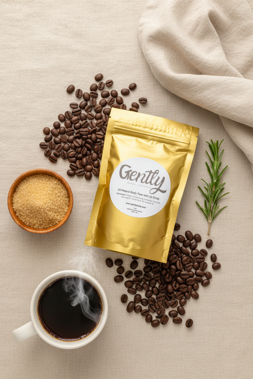 Gold foil coffee body scrub pouch surrounded by roasted coffee beans, brown sugar, rosemary, a ceramic coffee mug, and linen towel on a warm cream background