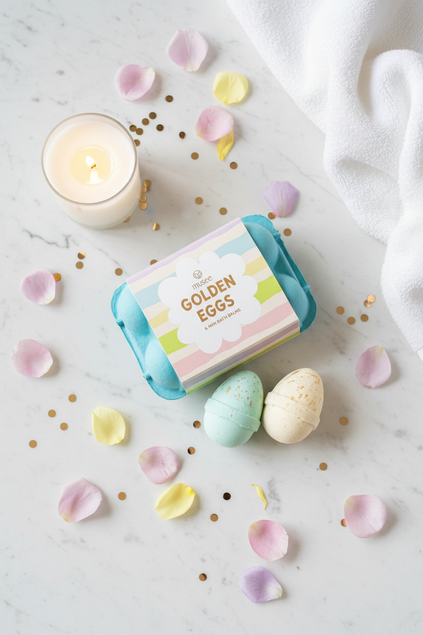 Blue and cream egg-shaped bath bombs with gold sparkles next to pastel carton packaging, surrounded by flower petals, a candle, and fluffy towel on white marble