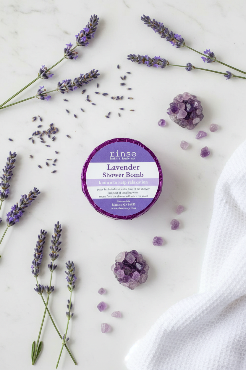Purple foil lavender shower bomb on white marble surrounded by fresh lavender sprigs, dried lavender buds, amethyst crystals, and a white waffle towel