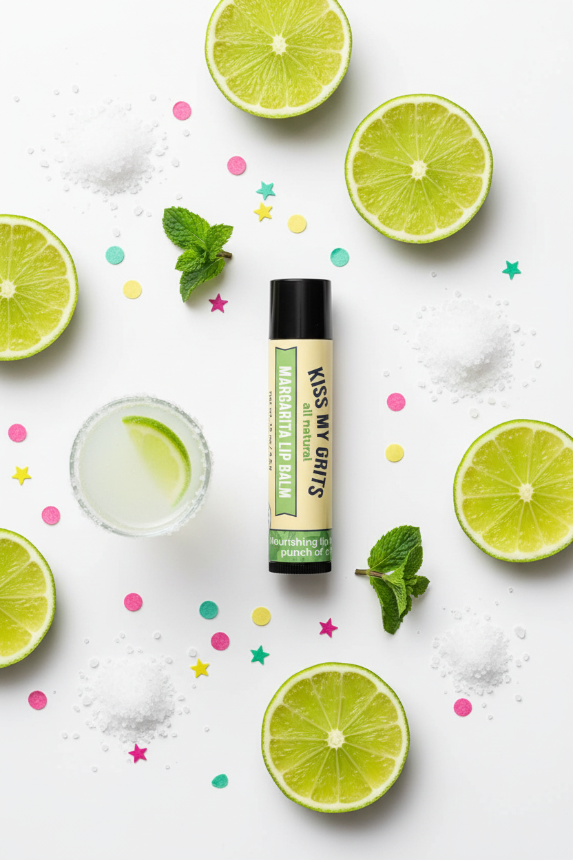 Margarita lip balm tube surrounded by fresh lime slices, sea salt, a tiny cocktail glass, mint leaves, and colorful confetti