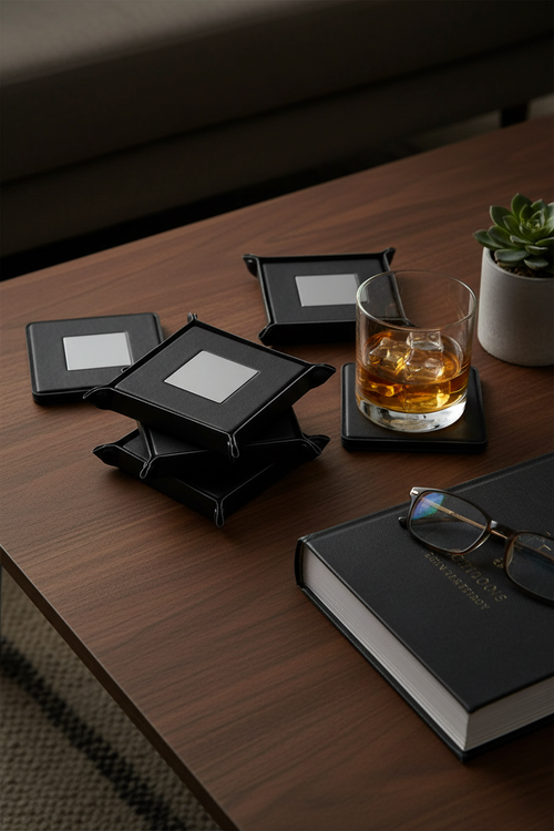 Black leatherette 5-piece coaster set on dark walnut coffee table with a whiskey glass, succulent plant, and hardcover book