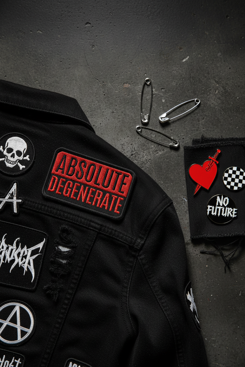 Bold red and black Absolute Degenerate embroidered patch on a black denim jacket with edgy patches, safety pins, and punk pins